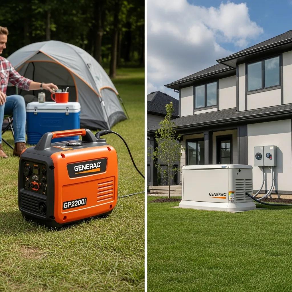 Side-by-side view of portable and standby Generac generators, highlighting their size and installation differences